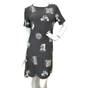 Notations Boho Artsy 90s Tunic Short Dress Small Black White Stamp Floral Print